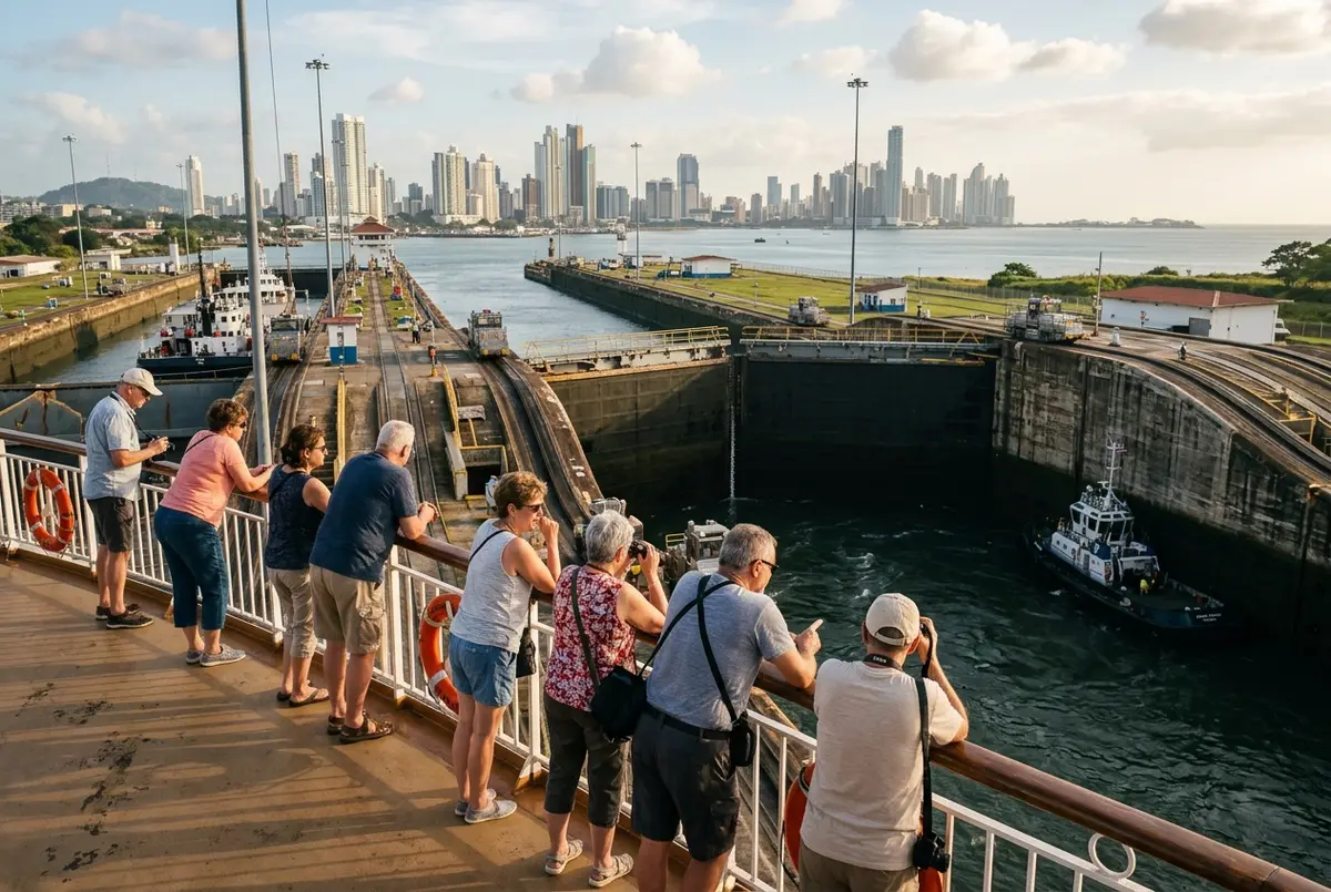 Passengers lining the rail of a large ocean liner comparing views of the Miraflores Locks chamber during a best panama canal cruise lines sailing