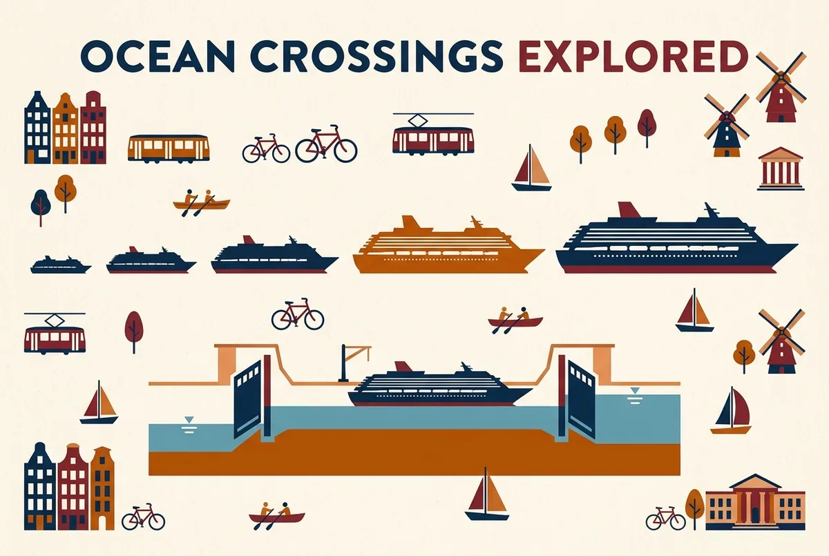 Simple comparison infographic showing generic cruise ship silhouettes of different sizes alongside a Panama Canal lock chamber diagram, labeled only by relative ship size categories