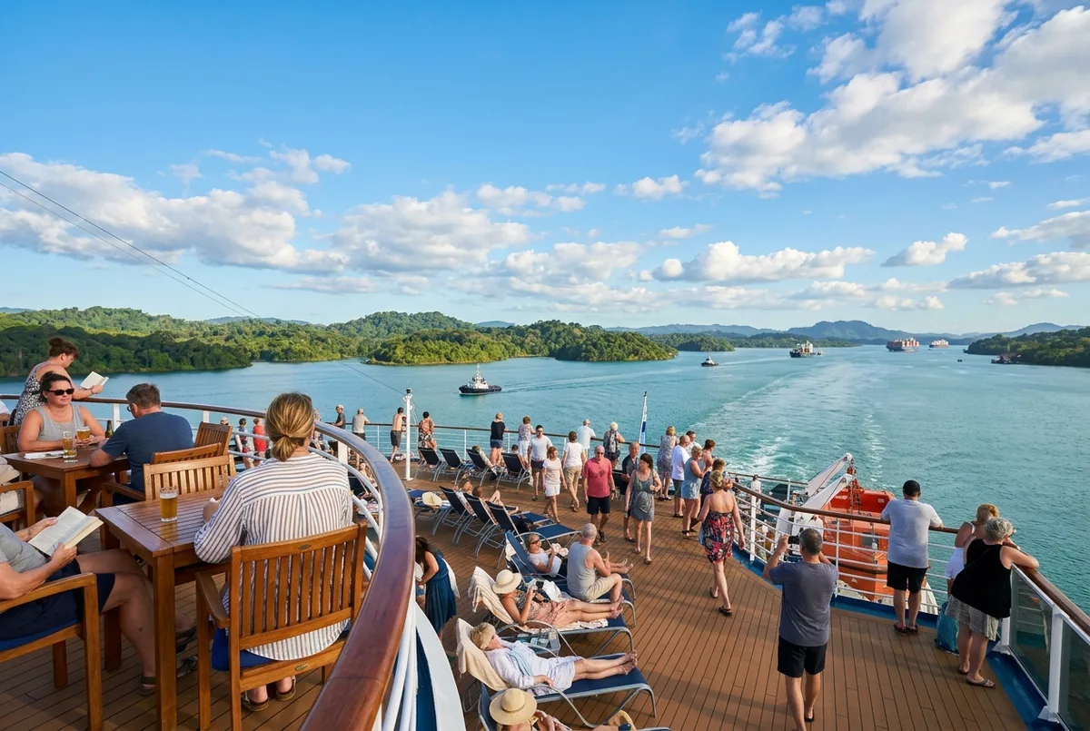 Cruise ship passengers enjoying clear dry season skies on deck during the best month to cruise panama canal at Gatun Lake