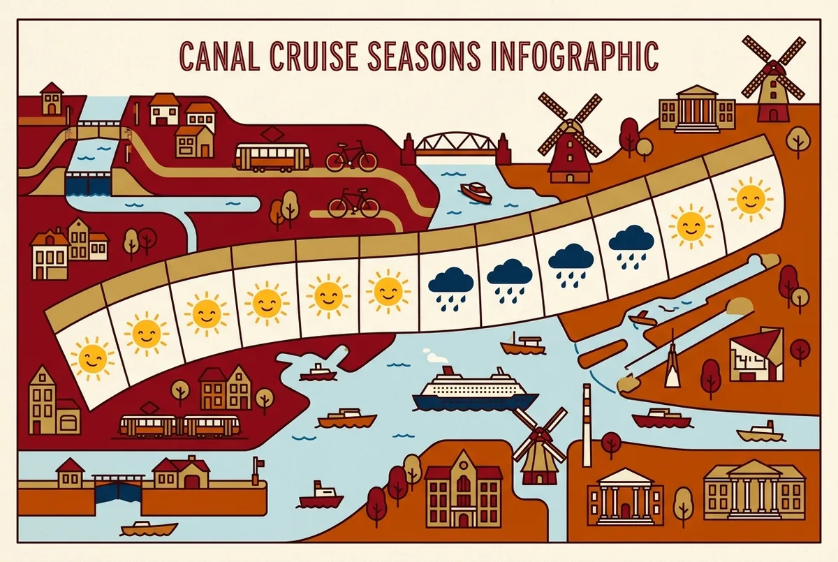 Simple month by month climate infographic showing generic sun and rain cloud icons across a calendar strip illustrating panama canal cruise weather patterns with no specific numbers