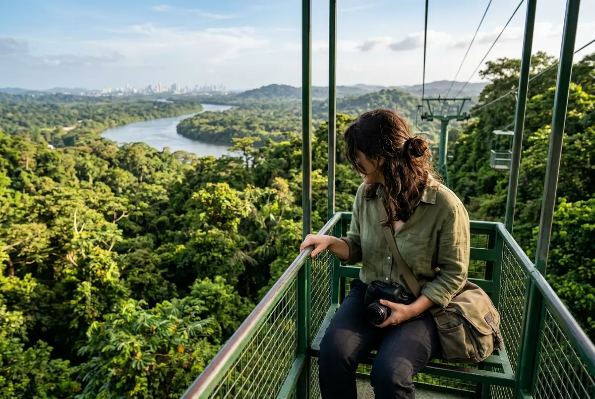 Traveler riding an open air aerial tram above the rainforest canopy near Gamboa on a panama rainforest tour with the Chagres River visible below