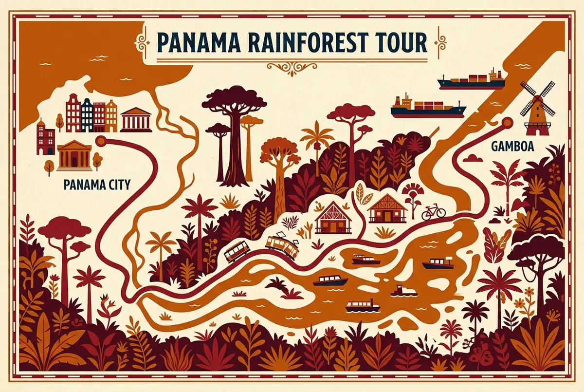 Simple map illustrating the route of a panama rainforest tour from Panama City to Gamboa near the Panama Canal, with generic labels for the rainforest resort area and river
