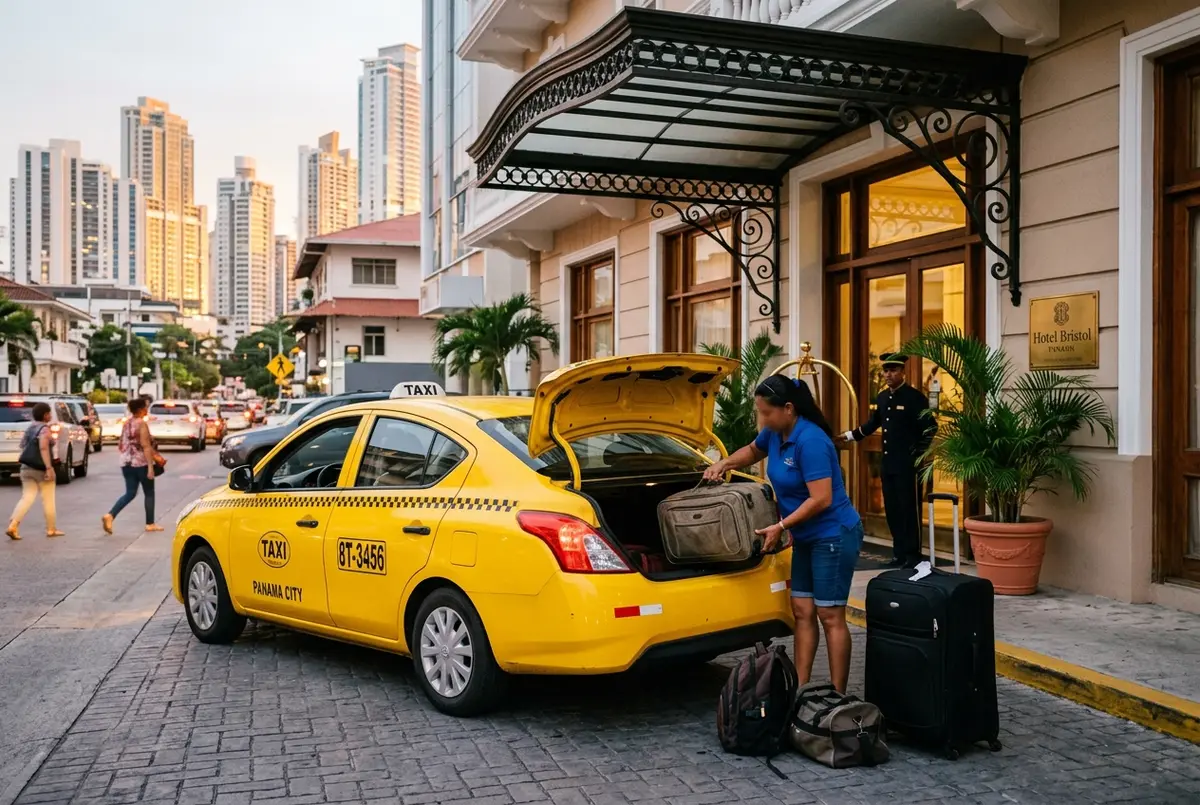 Taxi pulling up outside a Panama City hotel entrance with the driver loading bags for a trip to the panama canal from panama city