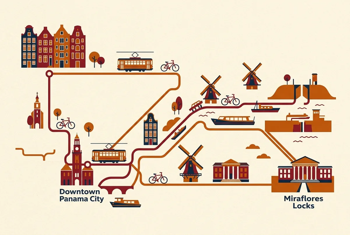 Simple route map graphic showing a line from downtown Panama City to Miraflores Locks with generic landmark icons along the way, illustrating the panama canal from panama city drive