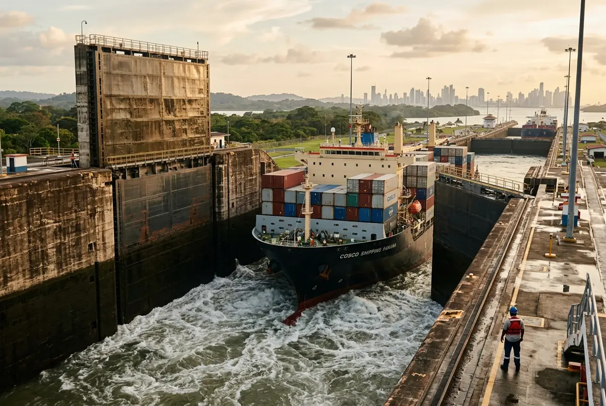 Cargo ship rising between the tall lock gates of a Panama Canal chamber with water churning around the hull, illustrating how many locks the panama canal has