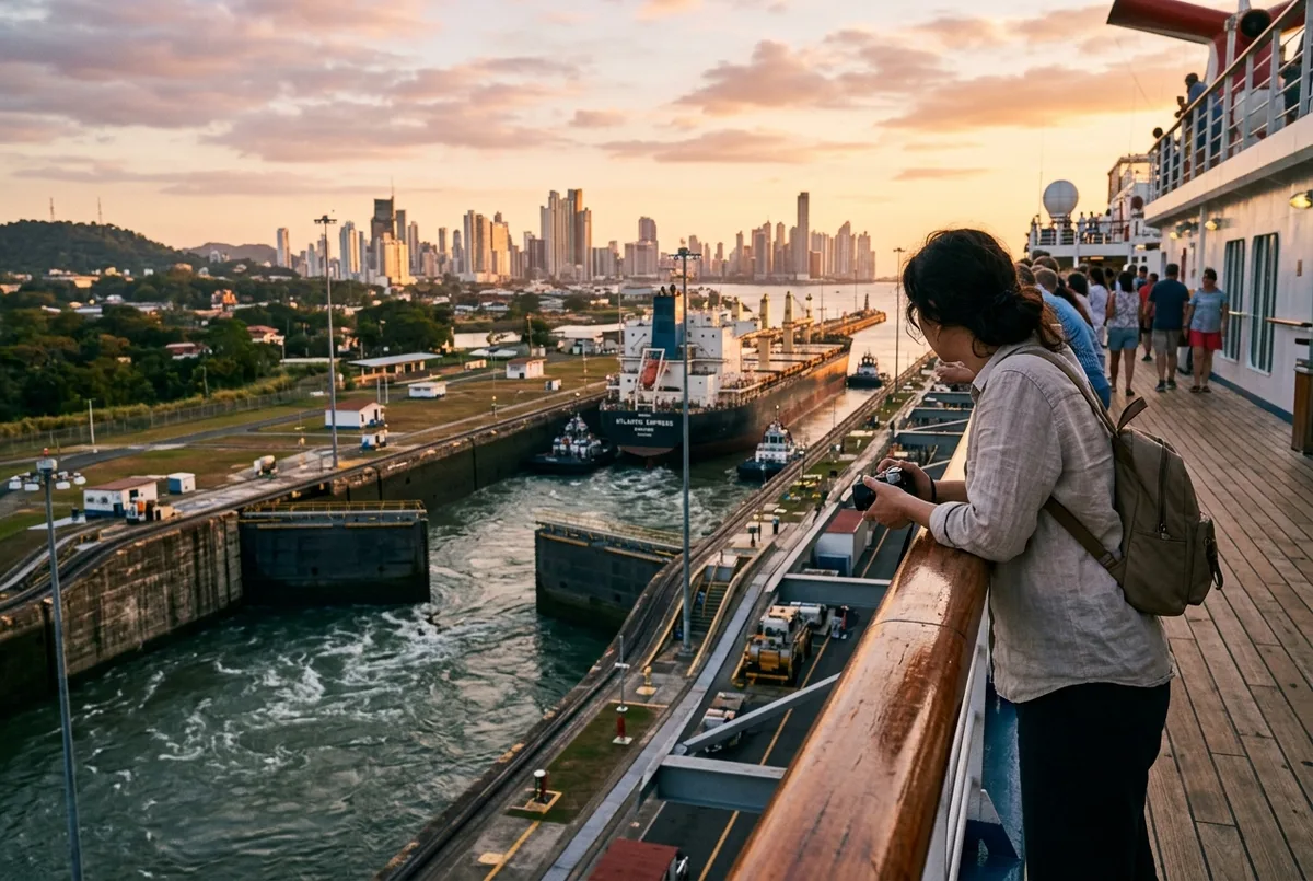 Cruise passenger leaning on a ship deck rail watching the Miraflores Locks fill with water during a panama canal cruise at golden hour