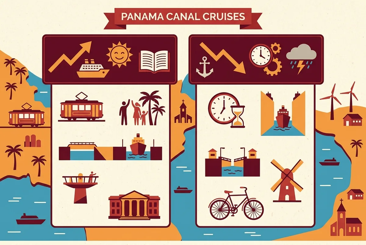 Simple infographic comparing panama canal cruise pros and cons using two labeled columns with generic ship, clock and calendar icons, no numbers or statistics