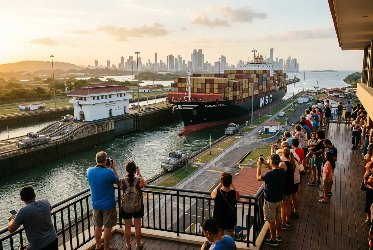 Tourists at the Miraflores Locks observation terrace watching a cargo ship rise through the lock chamber at golden hour with the Panama Canal in the background