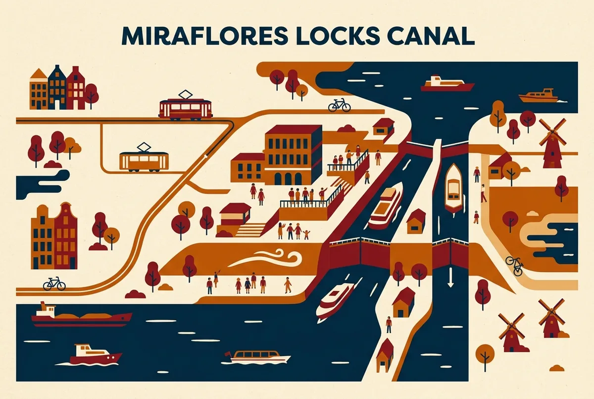 Illustrated map of the Miraflores Locks visitor center showing the observation terraces, museum entrance and the access route from Panama City