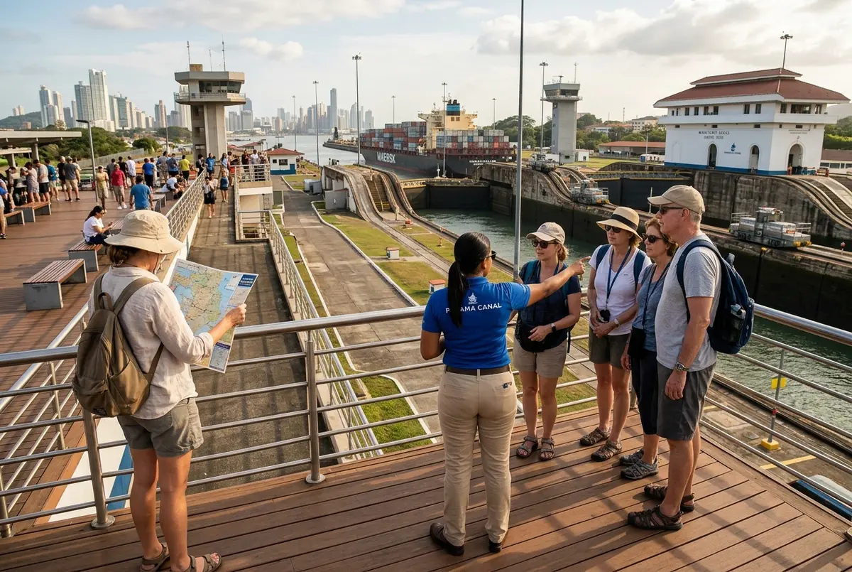 A guide pointing out the lock chambers to a small group on the Miraflores Locks observation deck beside an independent traveler reading a map