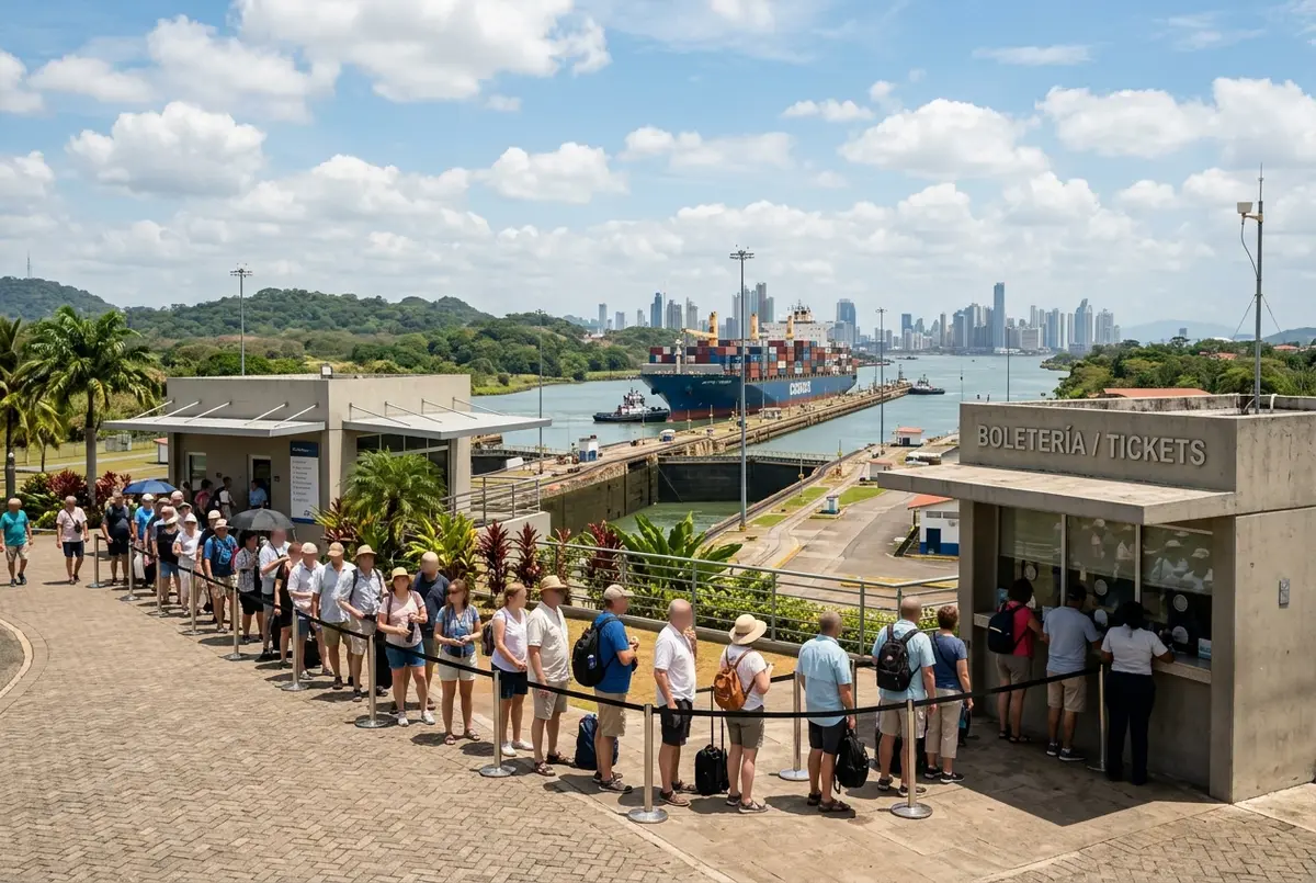 Visitors lining up at the Miraflores Locks visitor center ticket entrance in daylight with the Panama Canal in the background