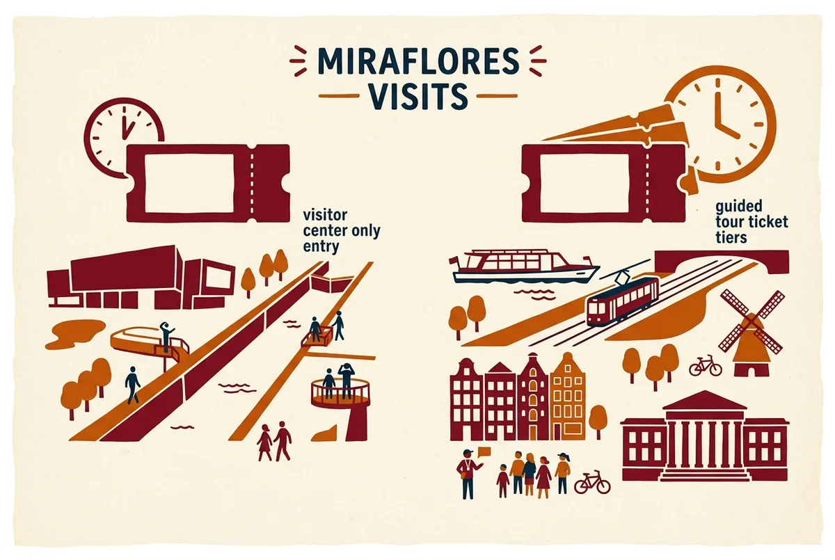 Simple infographic comparing visitor center only entry against guided tour ticket tiers at the Miraflores Locks, using generic ticket and clock icons