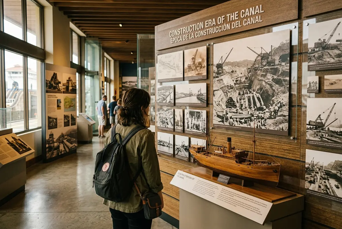 A visitor exploring an exhibit hall inside the Miraflores Locks museum with construction era photographs and a ship model on display