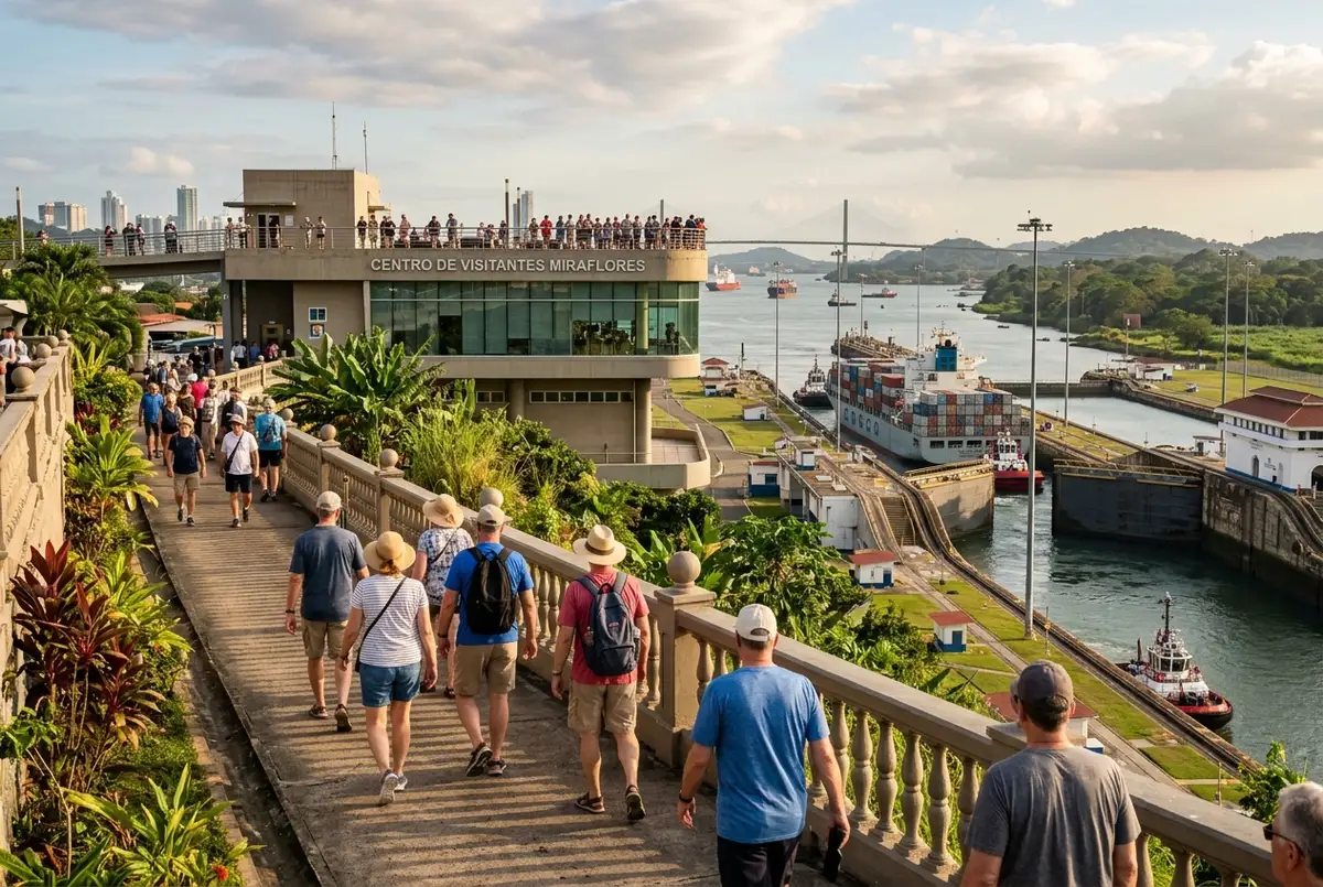 Cruise ship passengers walking toward the Miraflores Locks observation terraces with the Panama Canal visible in the distance