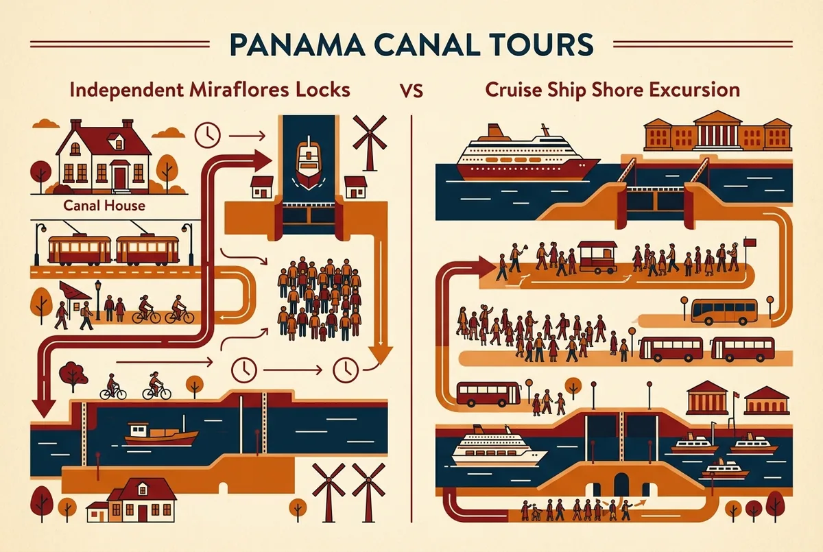 Simple comparison infographic showing cost, time and crowd size differences between an independent Miraflores Locks tour and a cruise ship shore excursion