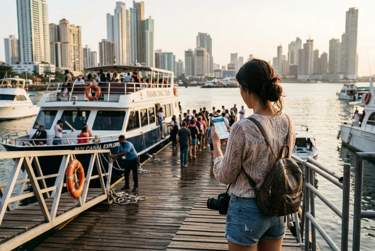 Traveler checking a tour price list on a phone at a Panama City wharf before boarding a boat for a panama canal tour cost comparison