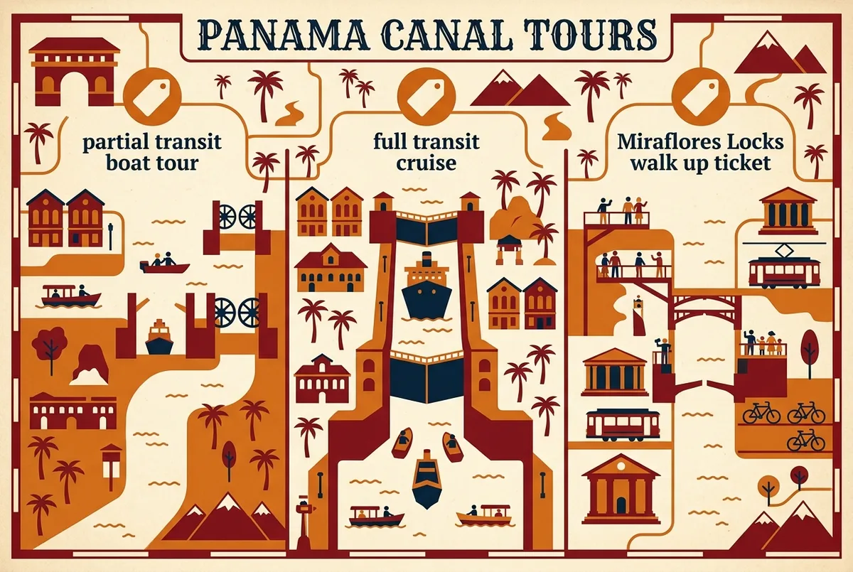 Simple comparison infographic showing panama canal tour cost tiers side by side for a partial transit boat tour, a full transit cruise and a Miraflores Locks walk up ticket, using generic price tag icons