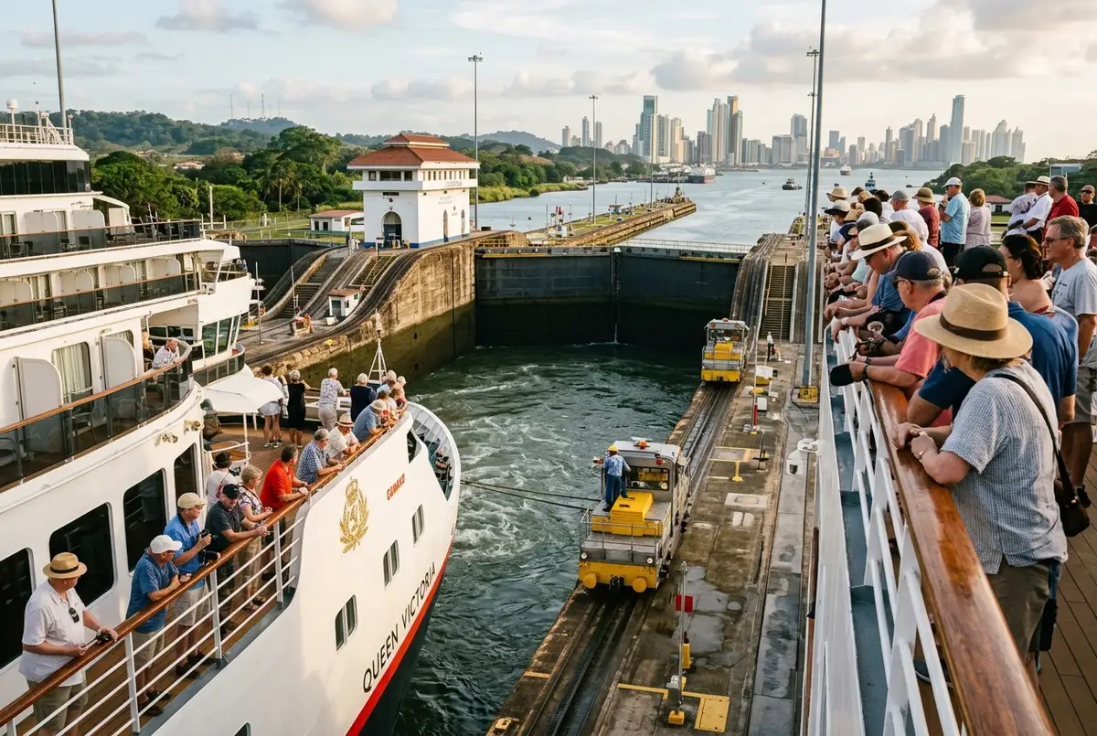 Large ocean liner transiting the Miraflores Locks chamber during a panama canal cruise with passengers watching from the ship deck rail