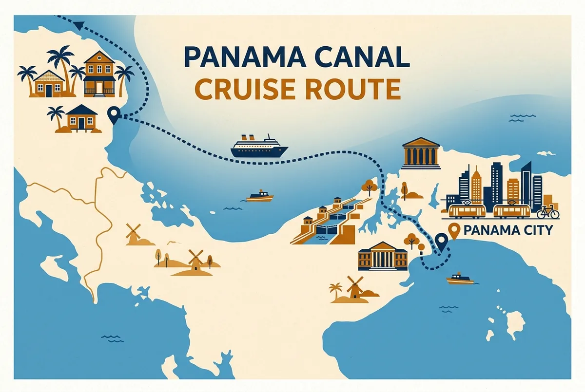 Simple route map infographic showing a typical panama canal cruise itinerary with generic port labels for the Caribbean, Colon and Panama City stops connected by a ship icon route line