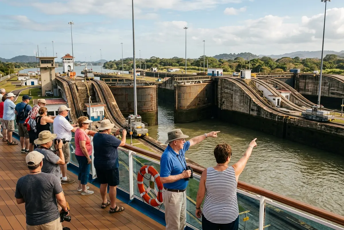 Cruise ship deck passengers pointing toward the Gatun Locks gates during a panama canal cruise itinerary transit day