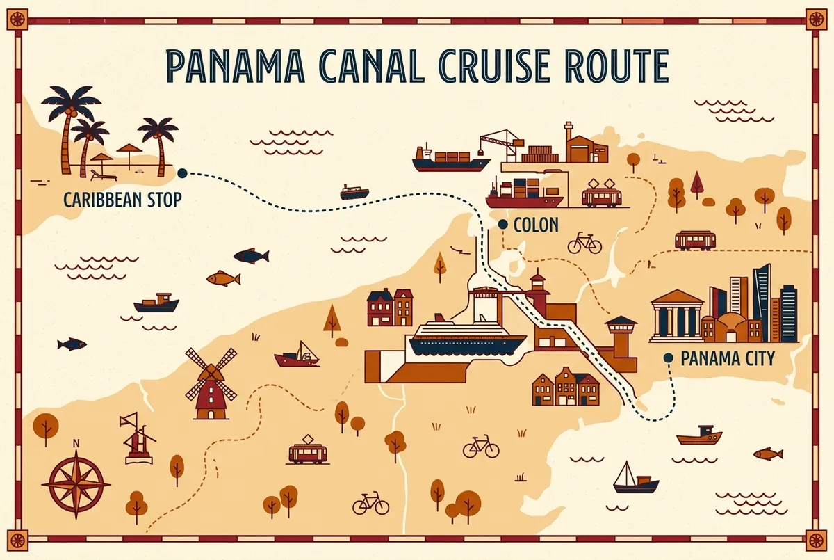Simple route map infographic showing a panama canal cruise itinerary with generic port labels for the Caribbean stop, Colon and Panama City connected by a dotted ship route line