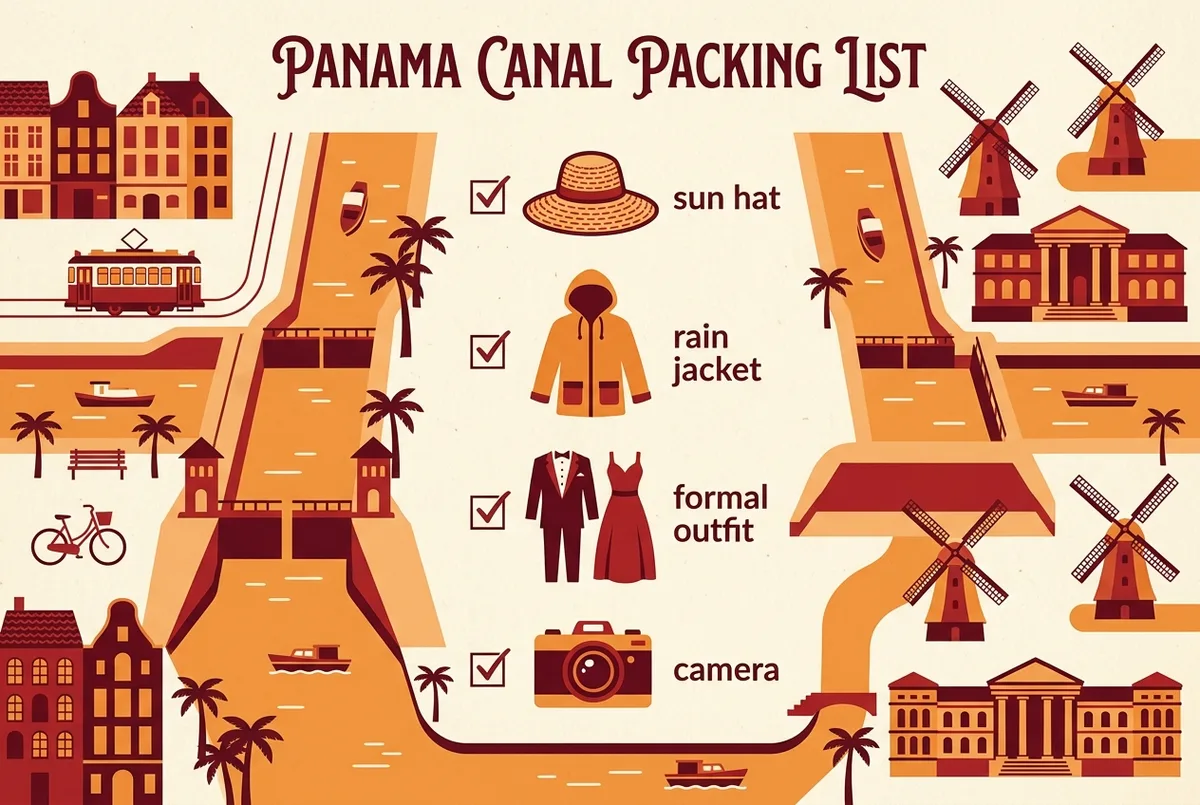 Simple checklist style infographic showing generic packing icons for sun hat, rain jacket, formal outfit and camera for a panama canal cruise