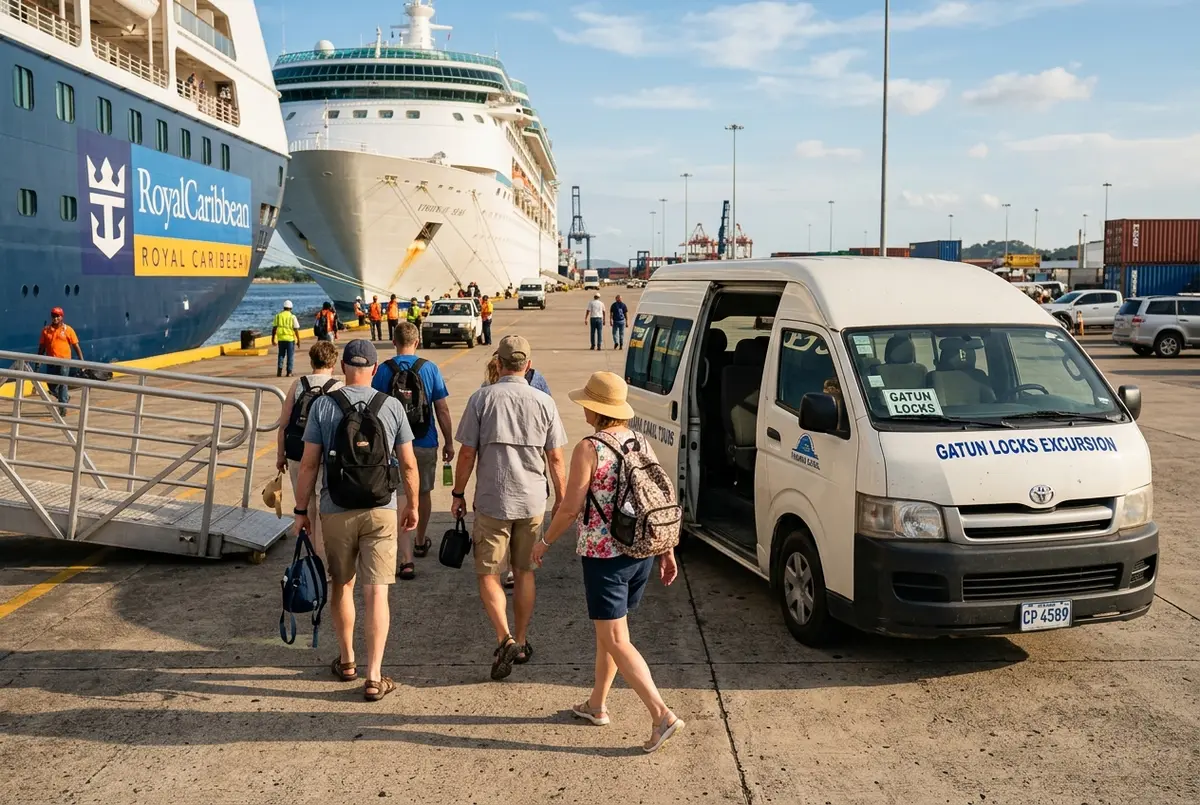 Kreuzfahrtpassagiere steigen am Kai in Colon von Bord fuer einen Landausflug am Panamakanal, Bus wartet im Hintergrund in geschaeftiger Morgenstimmung