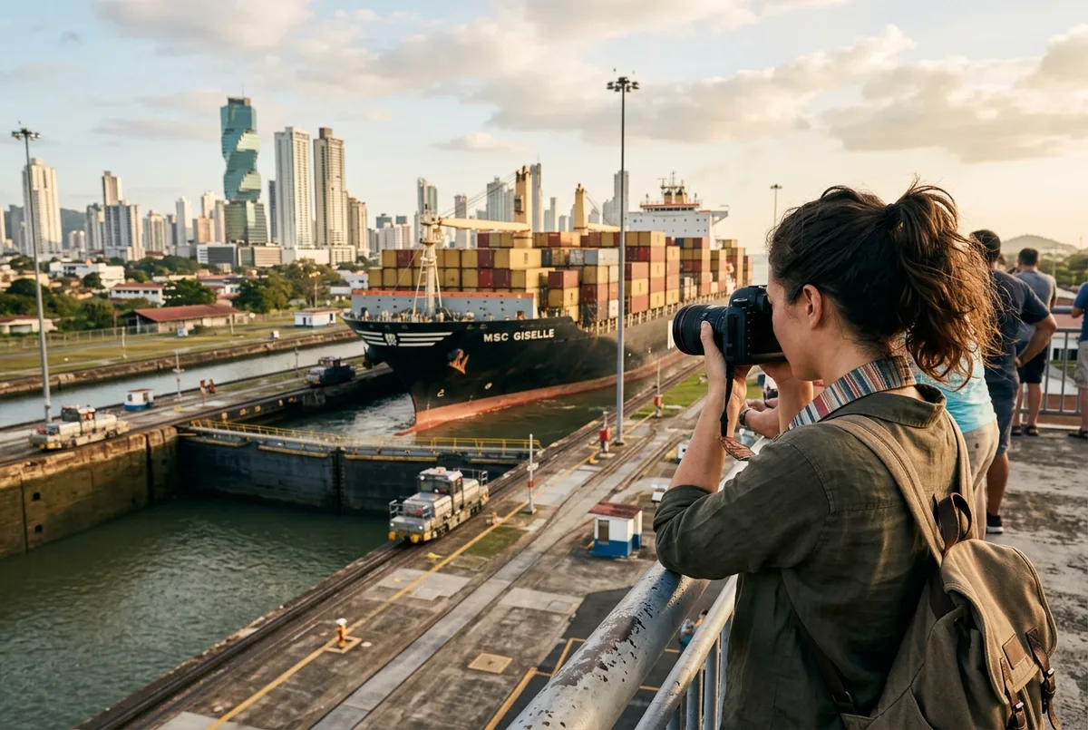 Traveler photographing a cargo ship passing through the Miraflores Locks during a panama canal day trip from Panama City