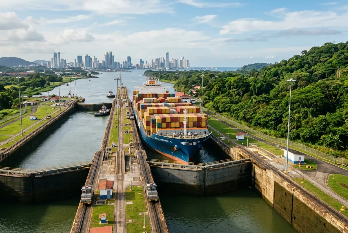 Wide view of a cargo ship inside a Panama Canal lock chamber with the gates and lush green hillsides visible, illustrating panama canal facts about the waterway