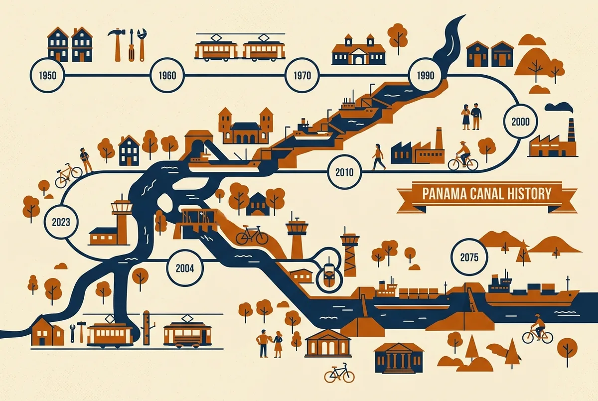 Simple infographic timeline showing the Panama Canal's history from the 1880s French construction attempt through the 1914 opening, the 1999 handover to Panama and the 2016 lock expansion, using generic date labels only