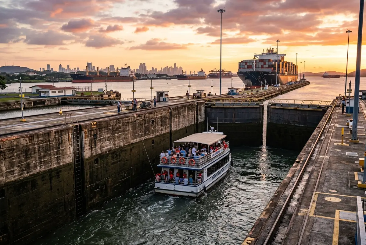 Small tour vessel descending through the Gatun Locks at sunset near the end of a panama canal full transit tour with cargo ships visible in the background