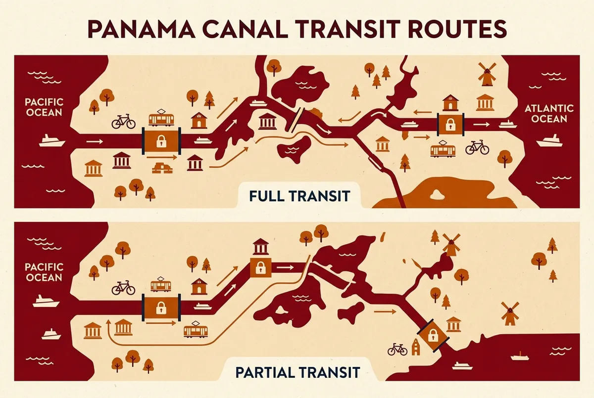 Simple side by side map infographic comparing the panama canal full transit tour route crossing all three lock systems from the Pacific to the Atlantic against the shorter partial transit route, using generic location labels only