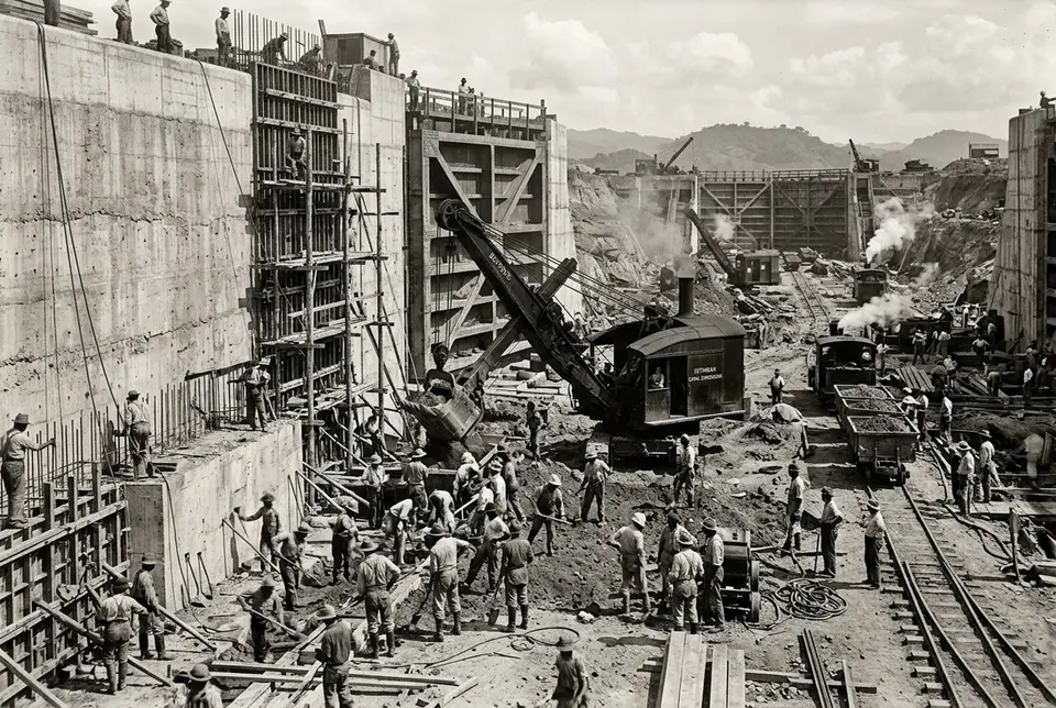 Black and white style archival scene of early twentieth century canal construction workers and steam equipment at a Panama Canal lock site, illustrating panama canal history