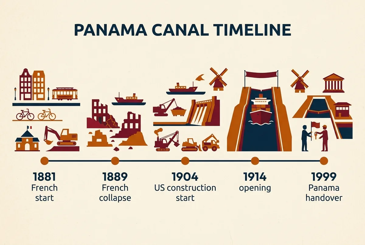 Simple infographic timeline marking the 1881 French start, 1889 French collapse, 1904 US construction start, 1914 opening and 1999 Panama handover along a single horizontal line, using generic date labels only