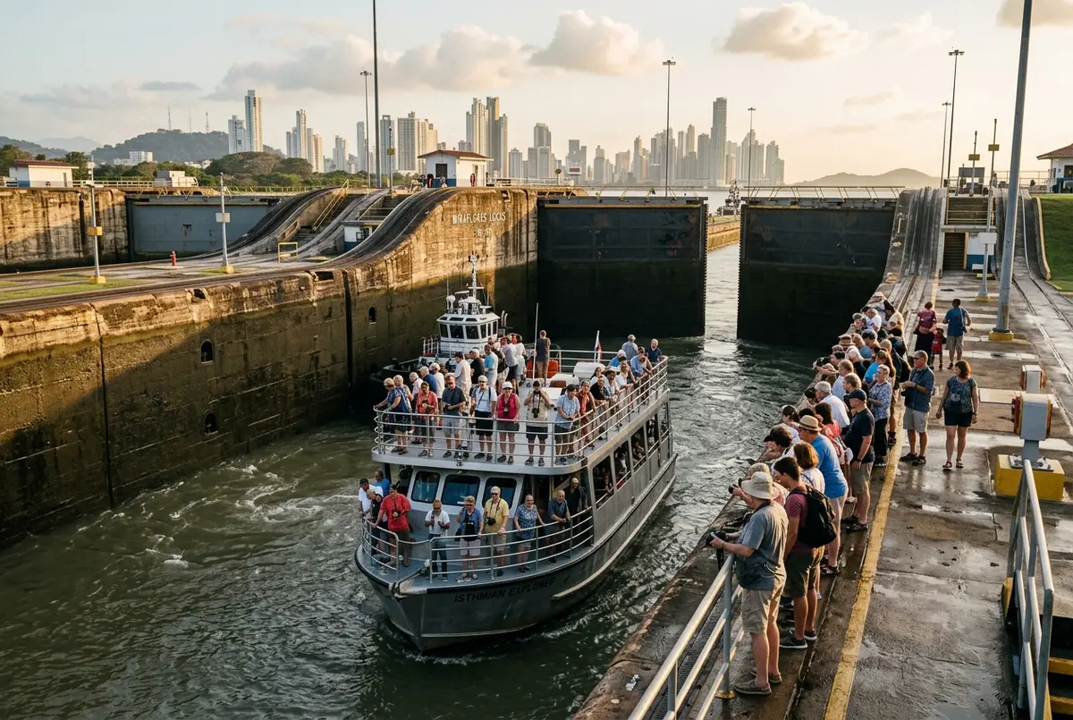 Small tour boat rising inside the Miraflores Locks chamber during a panama canal partial transit with passengers watching from the rail