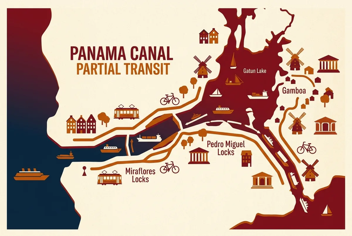 Simple route map showing the panama canal partial transit path from the Pacific side through the Miraflores and Pedro Miguel Locks to Gatun Lake, ending at Gamboa, using generic location labels only