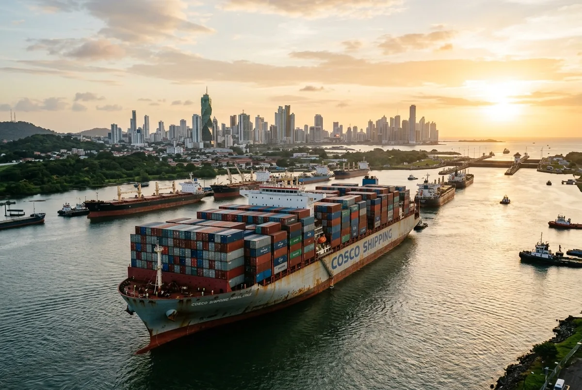 Container ship queuing near the Panama Canal entrance with stacked cargo containers visible, illustrating panama canal income per day from ship tolls