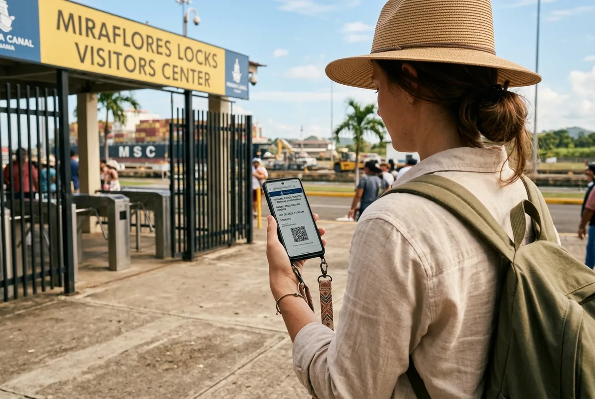 Traveler holding a phone showing a panama canal tickets booking confirmation at the Miraflores Locks entrance gate in bright daylight