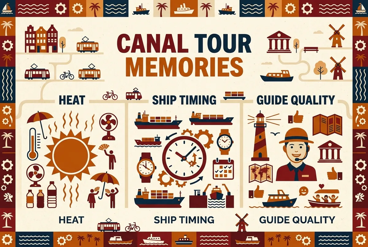 Simple infographic listing the three most common panama canal tour review themes: heat, ship timing, and guide quality, with generic icon style labels