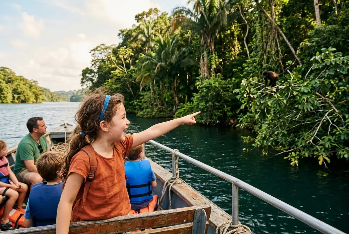 Excited child pointing toward a monkey on a forested island during a panama canal tour with kids on Gatun Lake