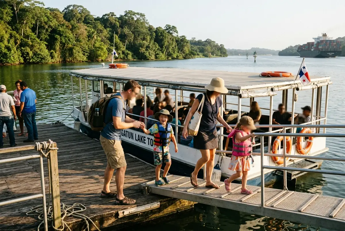 Family boarding a covered tour boat on Gatun Lake together, illustrating the active, kid friendly format of panama canal tours with kids