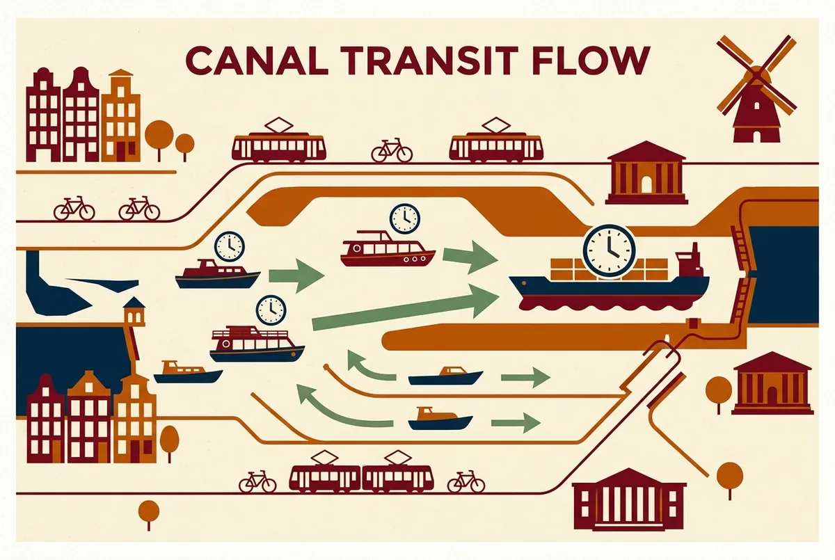 Simple infographic showing how the panama canal transit reservation system prioritizes scheduled ships and tour vessels ahead of first come traffic, using generic boat and clock icons