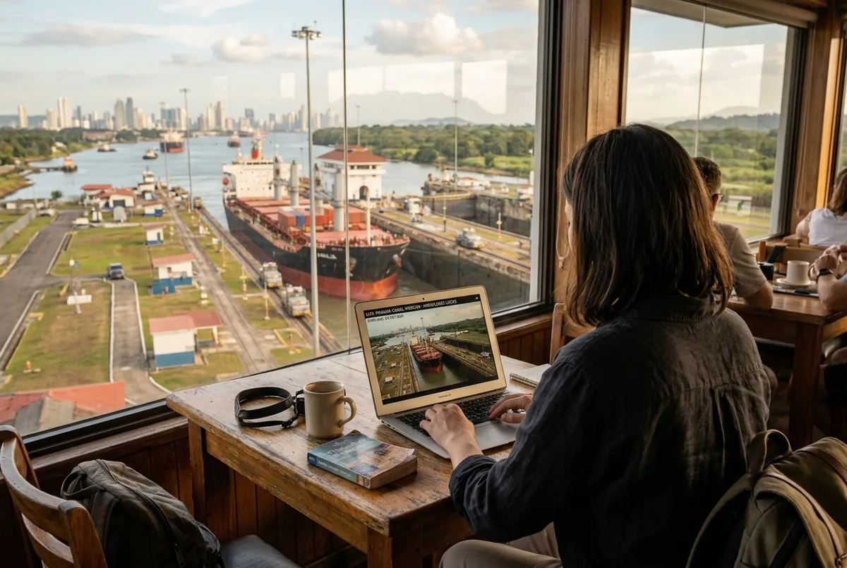 Traveler watching a live panama canal transit schedule webcam feed on a laptop showing a ship inside the Miraflores Locks chamber