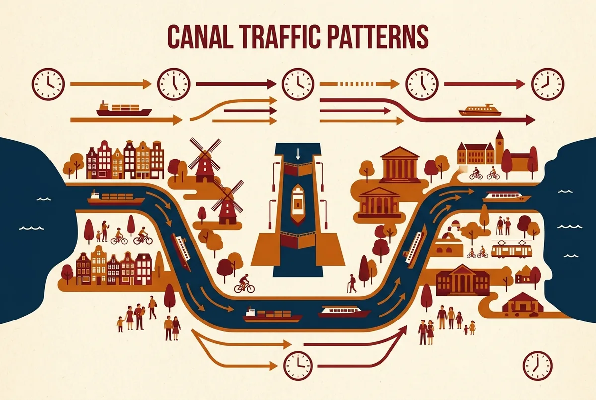 Simple infographic showing typical panama canal transit schedule traffic patterns across a day, using generic clock icons and a lock chamber diagram with no specific numbers