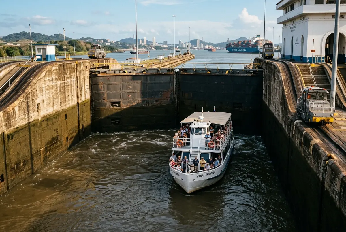 Small tour vessel rising inside the Miraflores Locks chamber during a panama canal transit tour with the lock gates and canal water visible