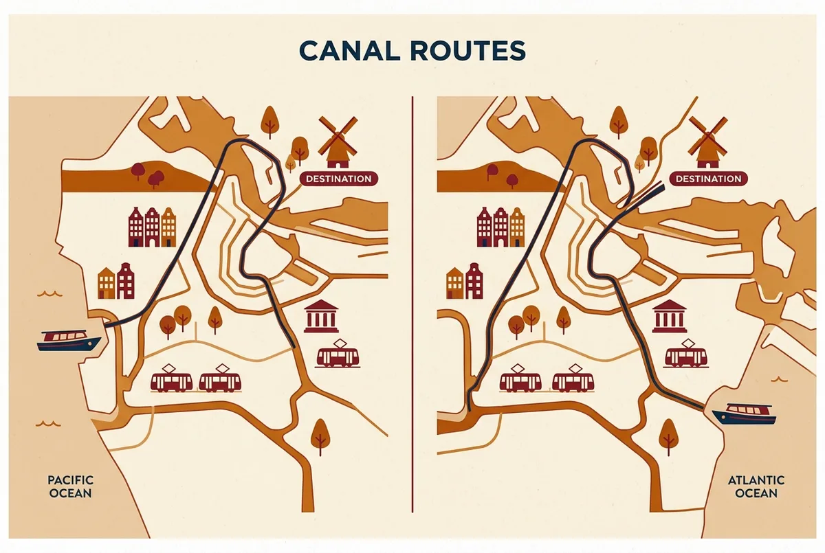 Simple side by side map infographic comparing a panama canal transit tour's partial route ending at Gamboa against the full transit route continuing to the Atlantic, using generic location labels only