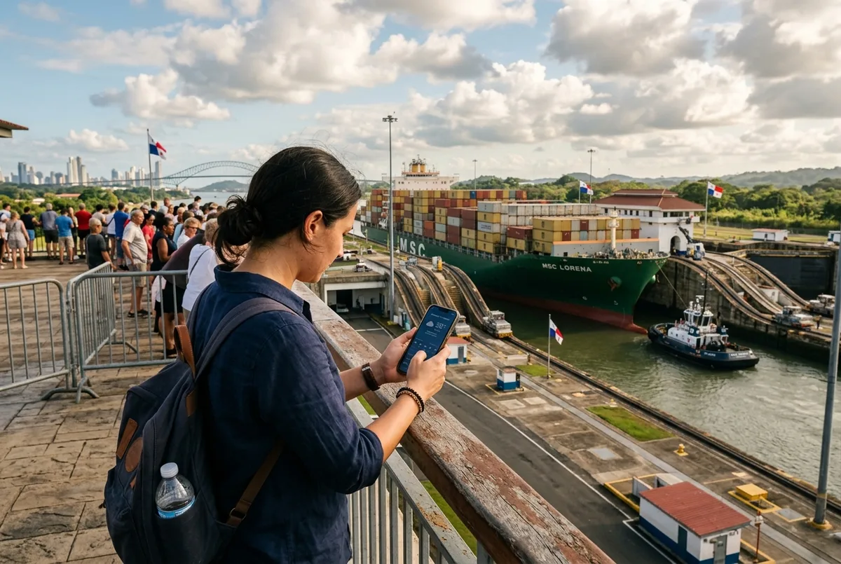 Traveler checking a weather app on a phone at the Miraflores Locks observation terrace under partly cloudy panama canal weather