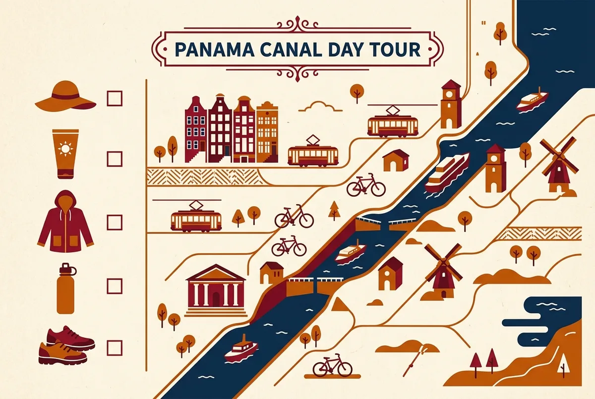 Simple checklist style infographic showing generic icons for a sun hat, sunscreen, rain jacket, water bottle and closed shoes for a panama canal tour day