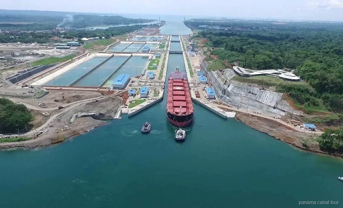 Ship transiting the Agua Clara Locks on the Atlantic side of the Panama Canal