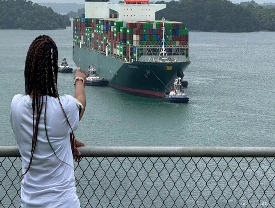 Ship transiting the Agua Clara Locks on the Panama Canal's Atlantic side